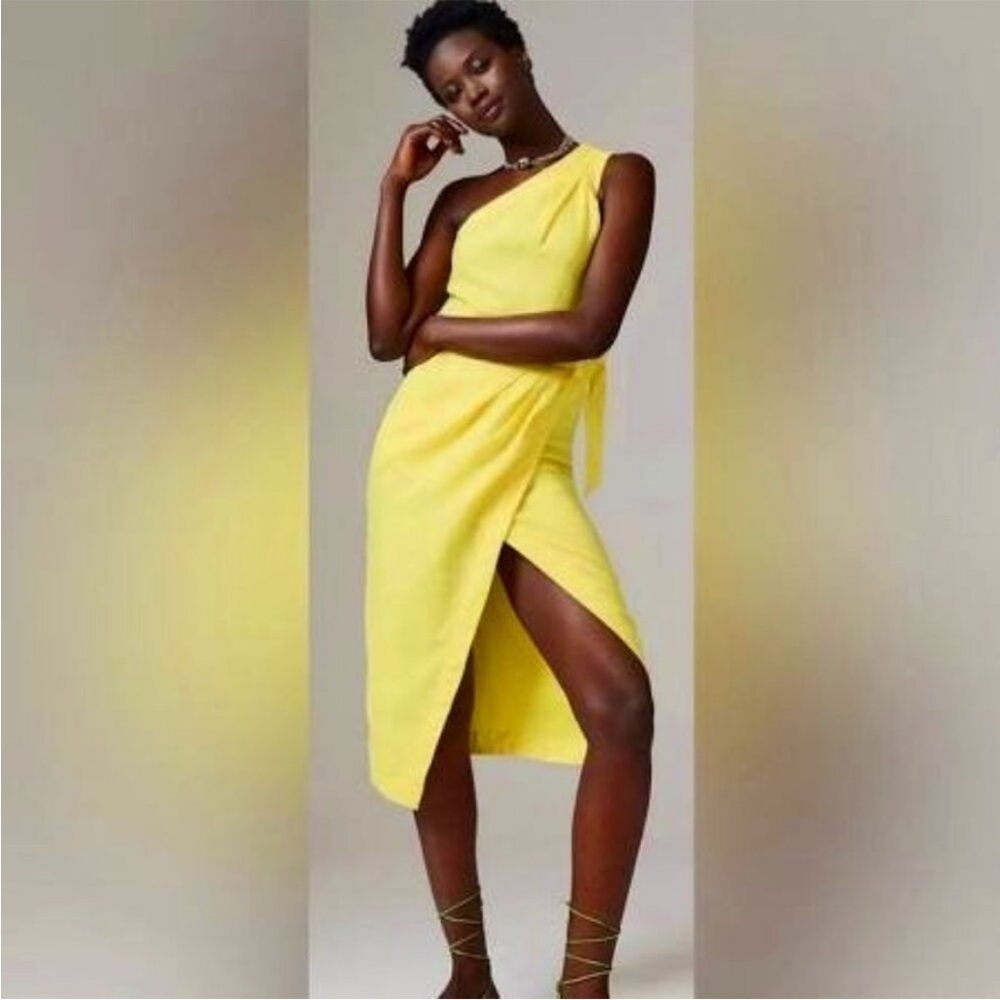 Anthropologie One-Shoulder Linen Yellow Dress 14 Women’s Midi Wrap